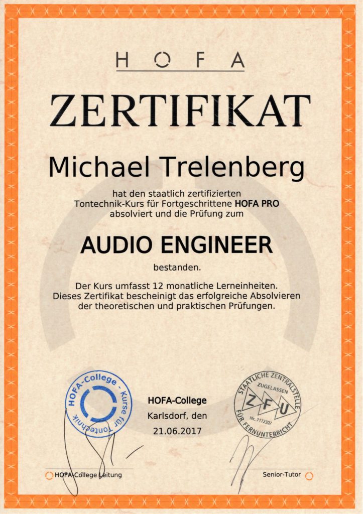 Zertifikat Audio Engineer Michael Trelenberg
